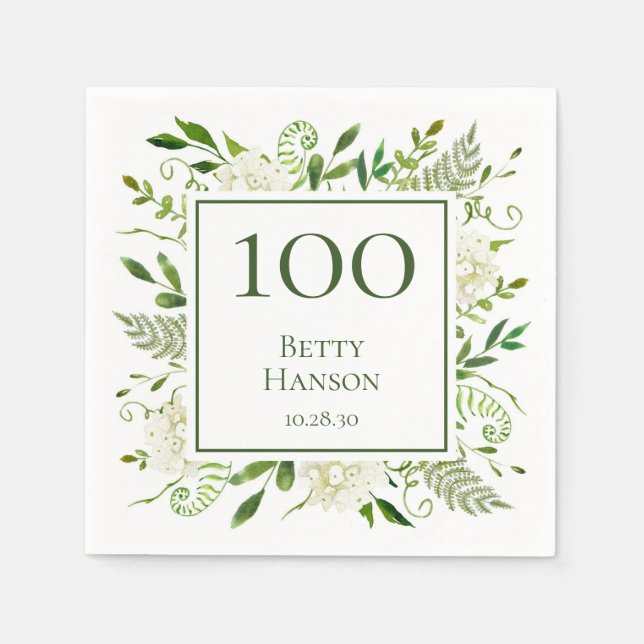 100. Geburtstag Weißer Hydrangeas Serviette (Vorderseite)