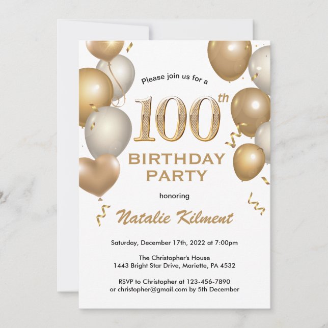 100. Geburtstag Weißer und Goldmedaille Glitzer Ba Einladung (Vorderseite)