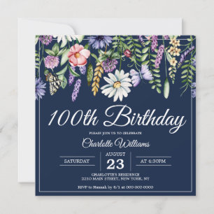 100. Geburtstag Wildblumen Navy Blue Elegant Einladung