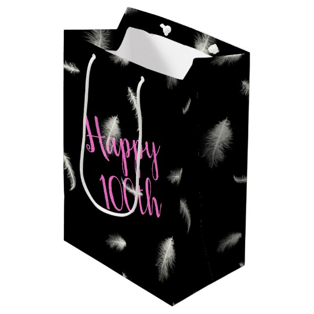 100. GeburtstagsFeathers Mittlere Geschenktasche Mittlere Geschenktüte (Vorderseite Schrägansicht)