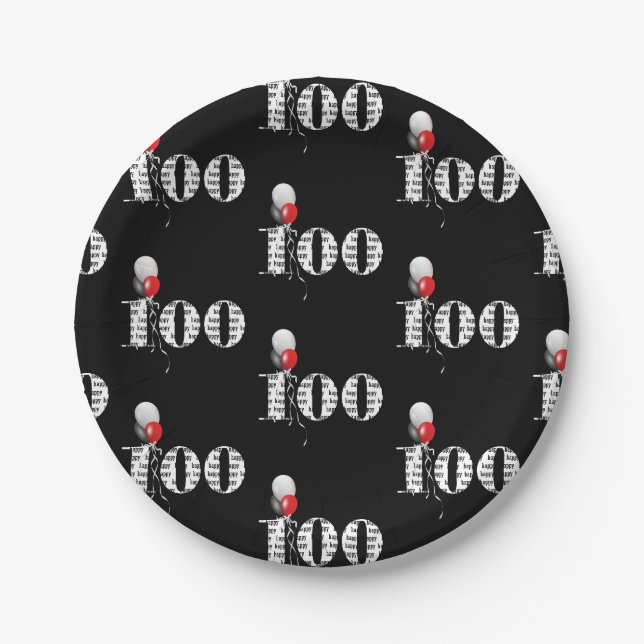 100. Geburtstagsfeier Ballons auf schwarz Pappteller (Vorderseite)