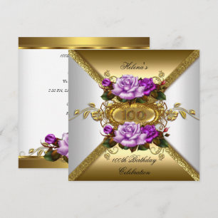 100. Geburtstagsfeier Elegante Rosen Lila Gold Einladung