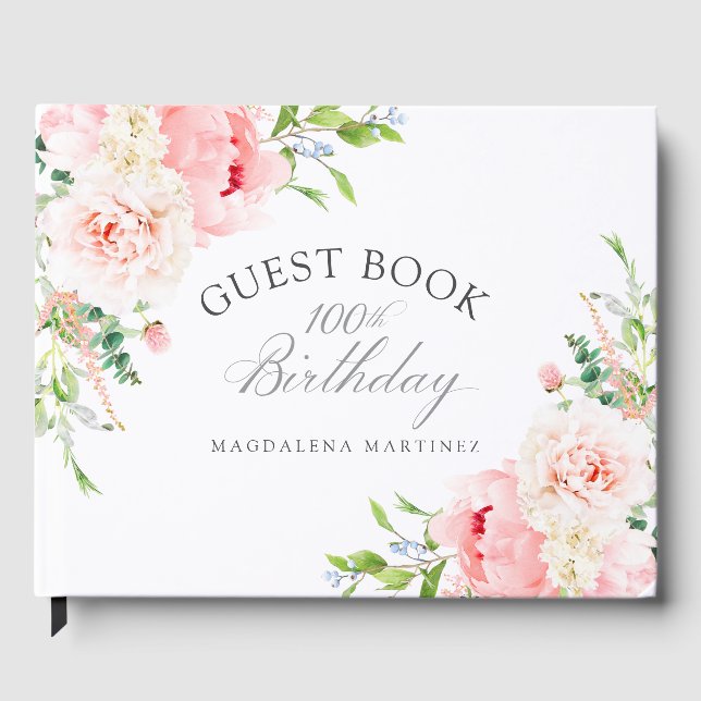100. Geburtstagsfeier Rosa Blumen Custom Gästebuch (Vorderseite)