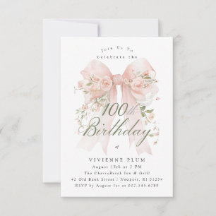 100. Geburtstagsfeier Rosa Coquette-Schleife Rose  Einladung
