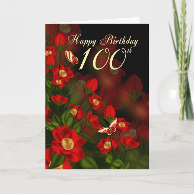 100. Geburtstagskarte mit tiefroten Blume Karte (Vorderseite)
