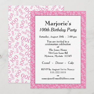 100. Geburtstagspartei Pink/White Number Pattern Einladung