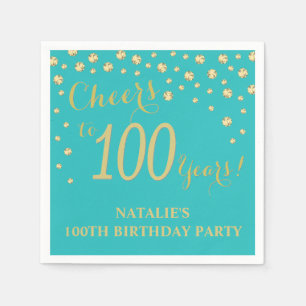 100. Geburtstagsparty Aquamarin und Gold Diamond N Serviette