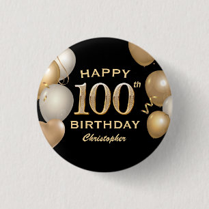 100. Geburtstagsparty Black and Gold Ballons Button