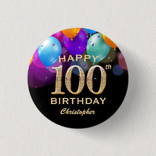 100. Geburtstagsparty Black and Gold Ballons Button