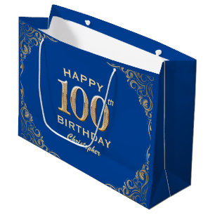 100. Geburtstagsparty Blue and Gold Glitzer Frame Große Geschenktüte