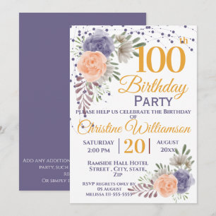 100. Geburtstagsparty Blumenpionie Lila Einladung