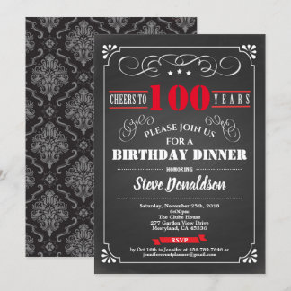 100. Geburtstagsparty Chalkboard Retro rot schwarz Einladung