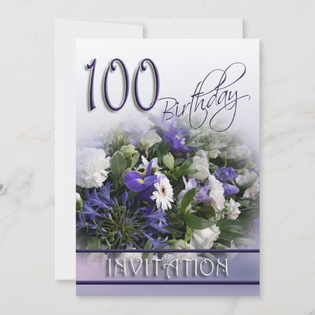100. Geburtstagsparty Einladung - Blue Bouquet (Vorderseite)