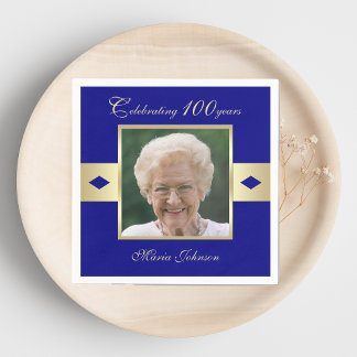 100. Geburtstagsparty Foto auf Navy Blue Paper Serviette