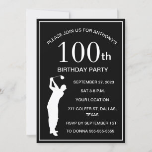 100. Geburtstagsparty Golfer Black Par Adult Golf Einladung