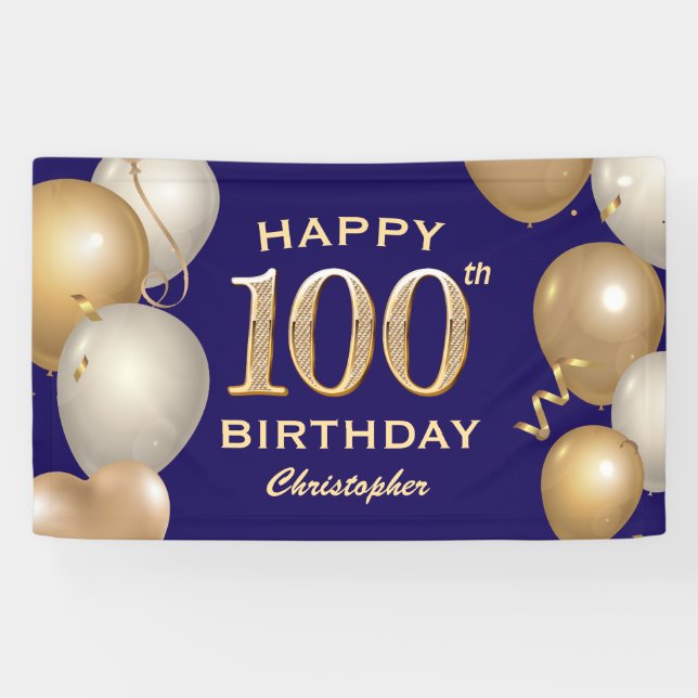 100. Geburtstagsparty Navy Blue and Gold Balloons Banner (Horizontal)