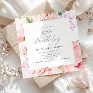100. Geburtstagsparty Pink Peony Floral Square Einladung