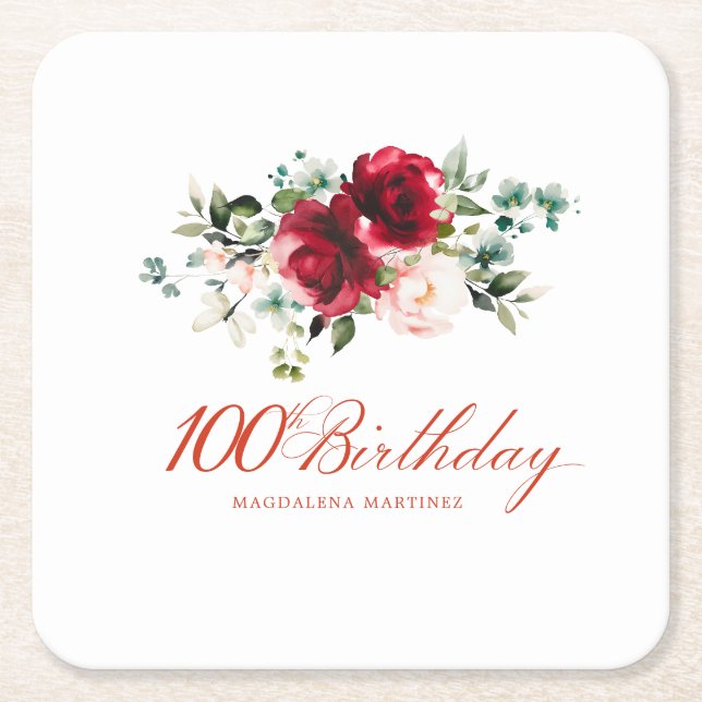 100. Geburtstagsparty Rosa Blütenstaub Rechteckiger Pappuntersetzer (Vorderseite)