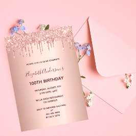 100. Geburtstagsparty Rose Gold Glitzer Tropfen Einladung