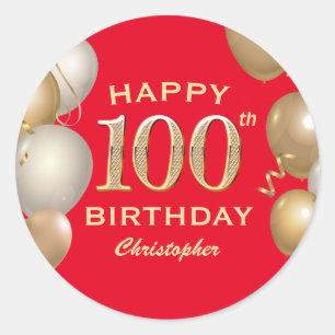 100. Geburtstagsparty Rot und Gold Ballons Runder Aufkleber