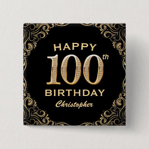 100. Geburtstagsparty Schwarz und Gold Glitzer Fra Button