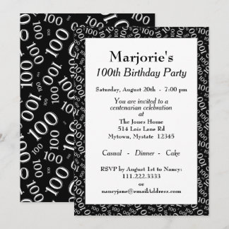 100. Geburtstagsparty Schwarz/Weiß Zahlenmuster Einladung