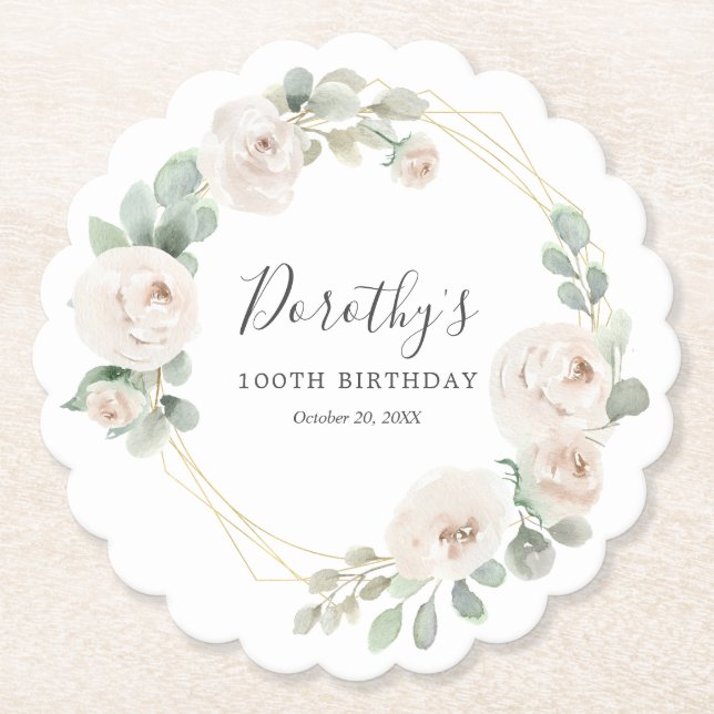 100. Geburtstagsparty White Rose BlumenCustom Untersetzer (Vorderseite)