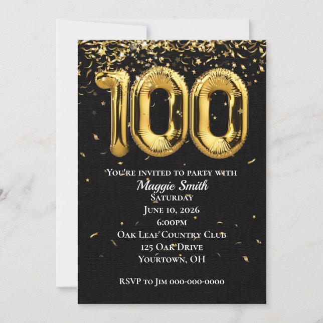 100. Gold Geburtstagsballons und Confetti Einladung (Vorderseite)