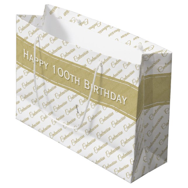 100. Gold/Weiße Typografie-Muster Große Geschenktüte (Vorderseite Schrägansicht)
