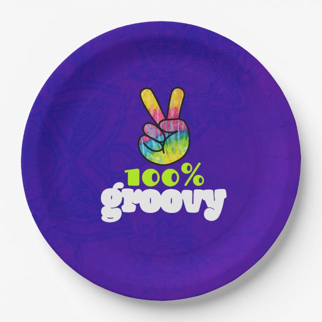 100% Groovy mit Rainbow Hand Peace Sign Pappteller (Vorderseite)