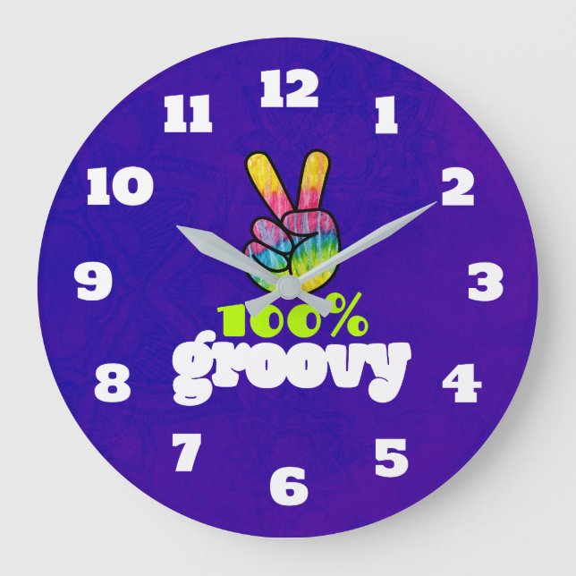 100% Groovy Rainbow Hand Peace Sign Acid Purple Große Wanduhr (Vorderseite)