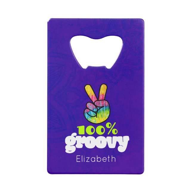 100% Groovy Rainbow with Hand Peace Sign Geldbeutel Flaschenöffner (Vorderseite)