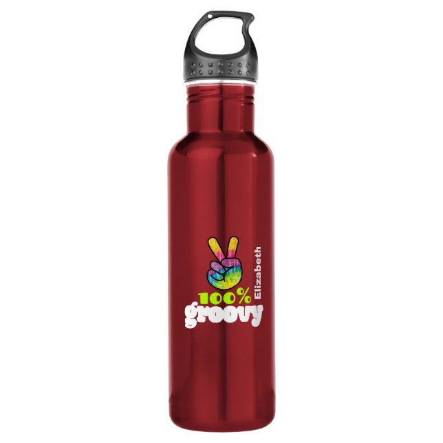 100% Groovy Regenbogen mit Hand Peace Sign Einziga Trinkflasche (Vorderseite)