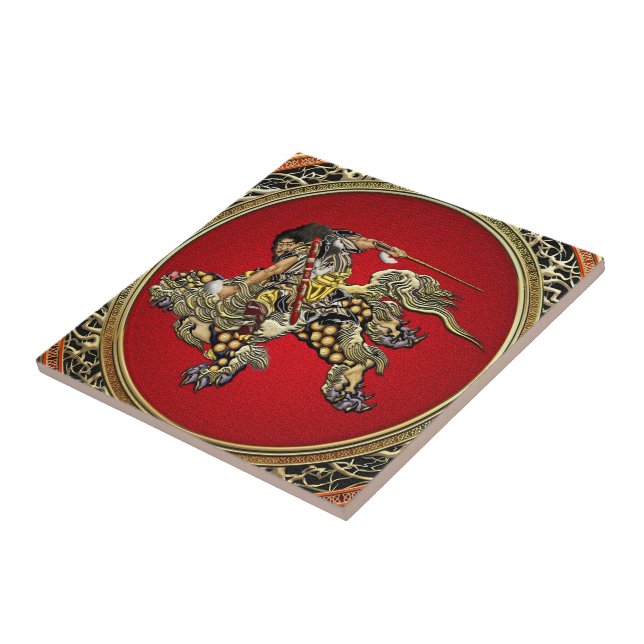[100] Hokusai - Shoki Riding Shishi Lion Fliese (Seite)