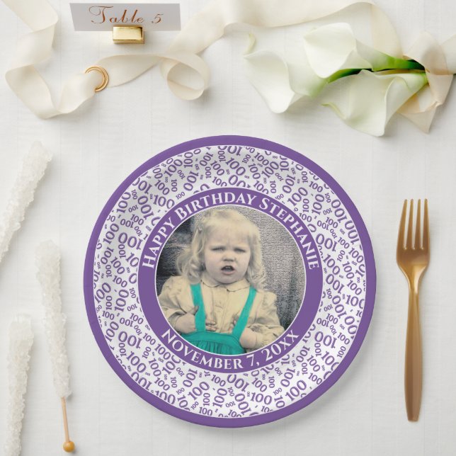100 Ihr Foto Zufallszahlenmuster Lila/weiß Pappteller (Hochzeit)