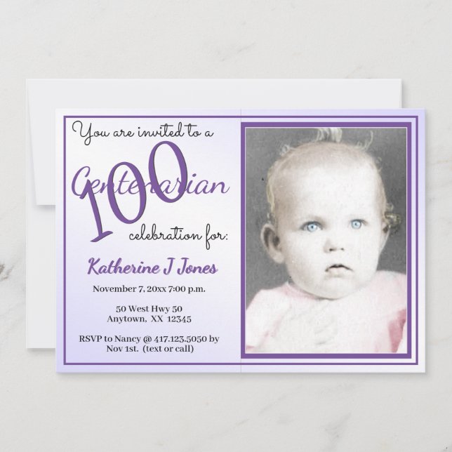 100 Jahre Geburtstagsparty Lila/weiß Einladung (Vorderseite)