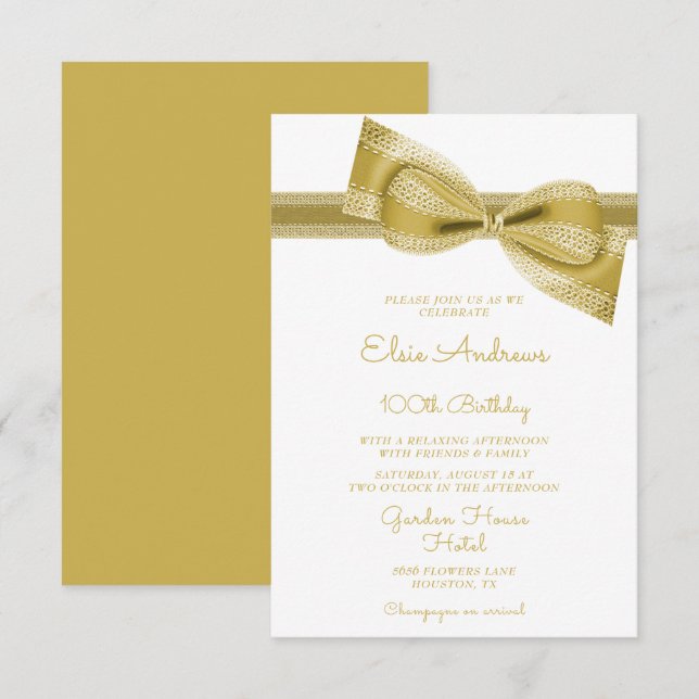 100. Jahrhundert Gold Bow & Ribbon Geburtstag Einladung (Vorne/Hinten)