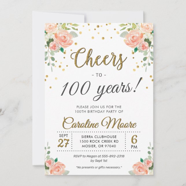 100. Ladys Birthday Party Hundredth Floral Gold Einladung (Vorderseite)