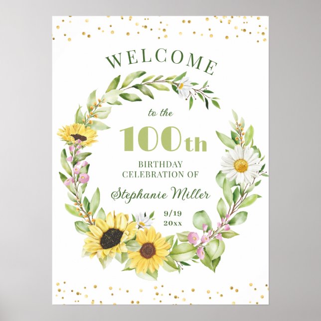 100. Ladys Birthday Womens 100 Sonnenblume Empfang Poster (Vorne)