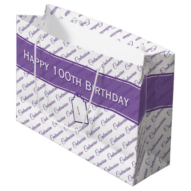100. Lila-weiße Typografie-Muster Große Geschenktüte (Vorderseite Schrägansicht)