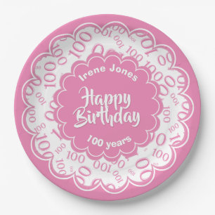 100. Pink/White Zufallszahlenmuster Pappteller