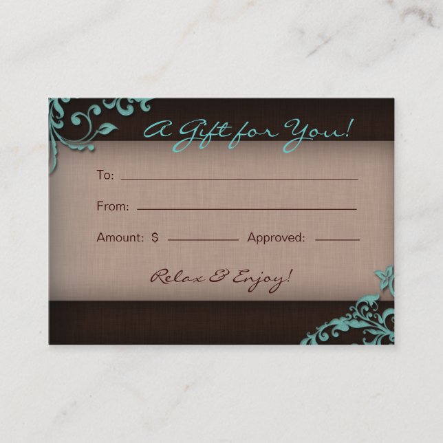 /100 Salon Gift Card Spa Linen Floral Brown Blue Rabattkarte (Vorderseite)