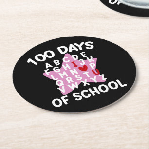 100 Tage Schule Alphabet 100. Tag Lehrer  Runder Pappuntersetzer