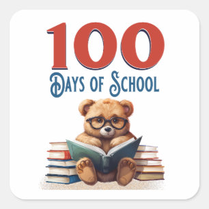 100 Tage Schule Süßer Bär Leseklassenzimmer Quadratischer Aufkleber