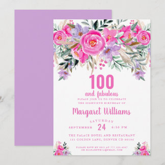 100 und fabelhafte lila rosa 100. Geburtstag Einladung