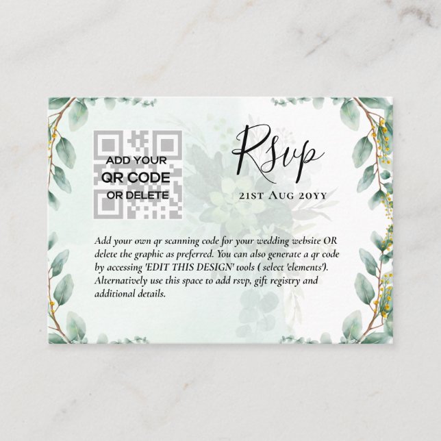 100 x QR CODE WEDDING RSVP Eucalyptus FOTO Budget Visitenkarte (Vorderseite)