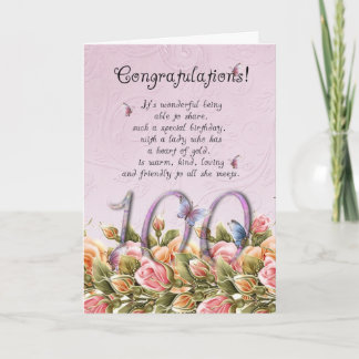 100e anniversaire carte avec papillons et roses -