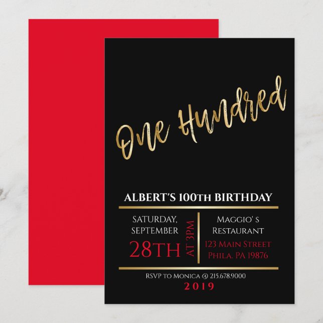 100e anniversaire Gold Black Party Invitation (Devant / Derrière)