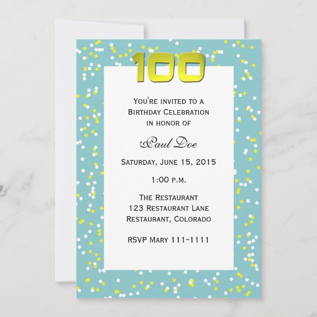 100e anniversaire Invitation Confetti (Devant)