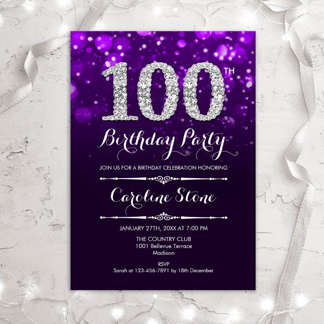 100e anniversaire - Invitation d'argent violet (Créateur téléchargé)